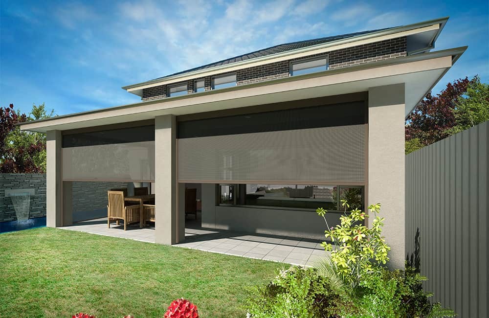 Recessed patio screens mounted between structural columns.