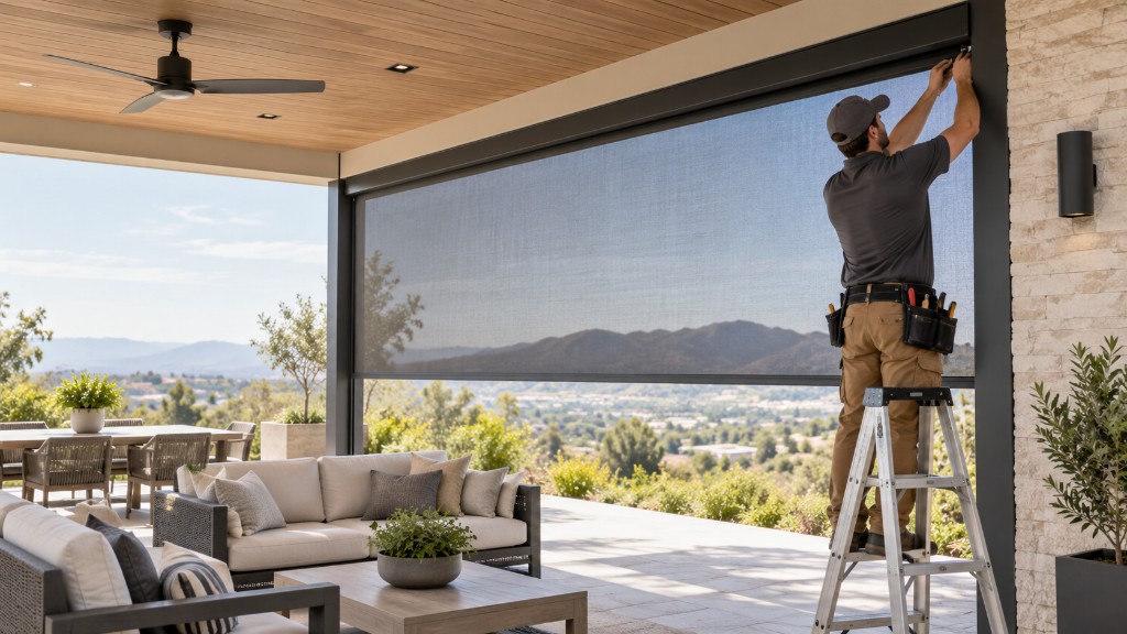 An installer on a ladder adjusting the upper housing of a dark zip-track patio screen.